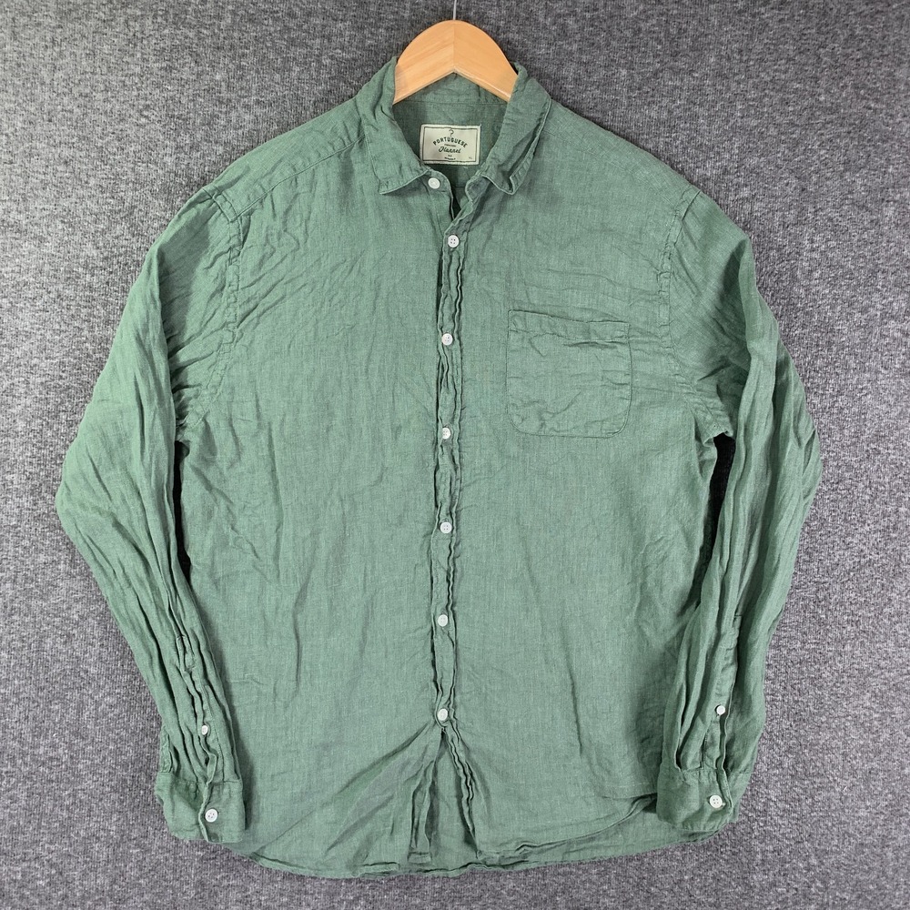 Portuguese Flannel Linen Shirt Men Extra Large Green Button Up Old Money